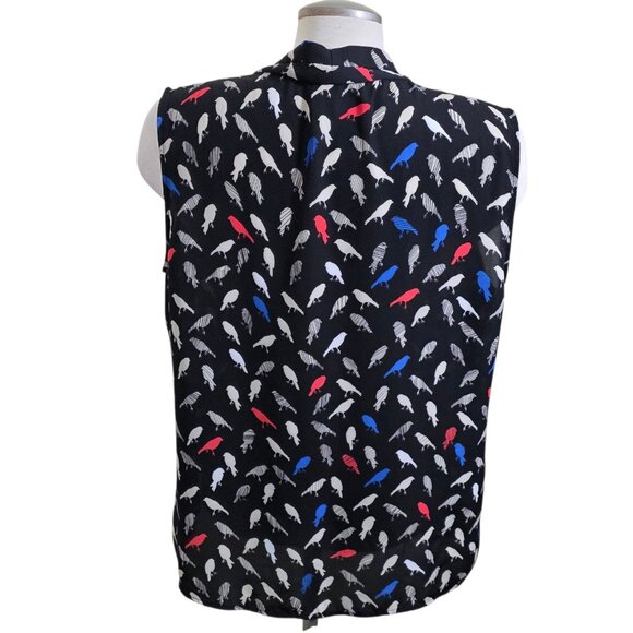 Nine West Womens XL Blouse Black Bird Print Sleeveless Top Layering Semi Sheer - Picture 7 of 9
